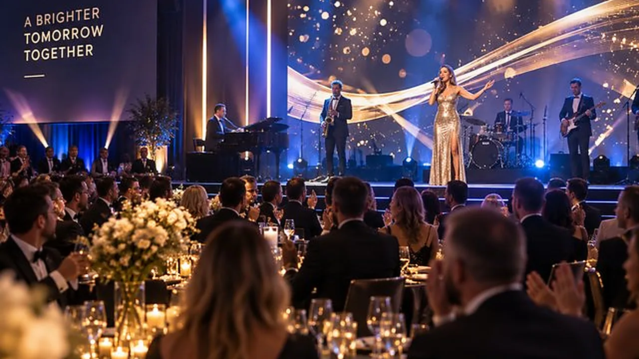 A gala dinner room set for a headline performance